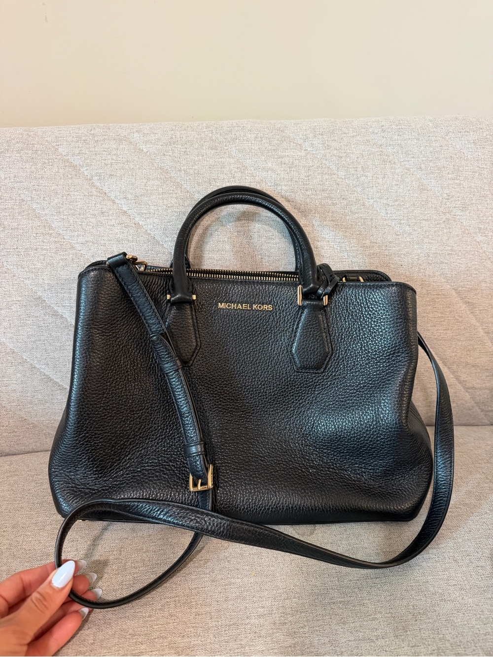 Michael Kors Black Pebbled Leather Satchel with Gold Hardware
